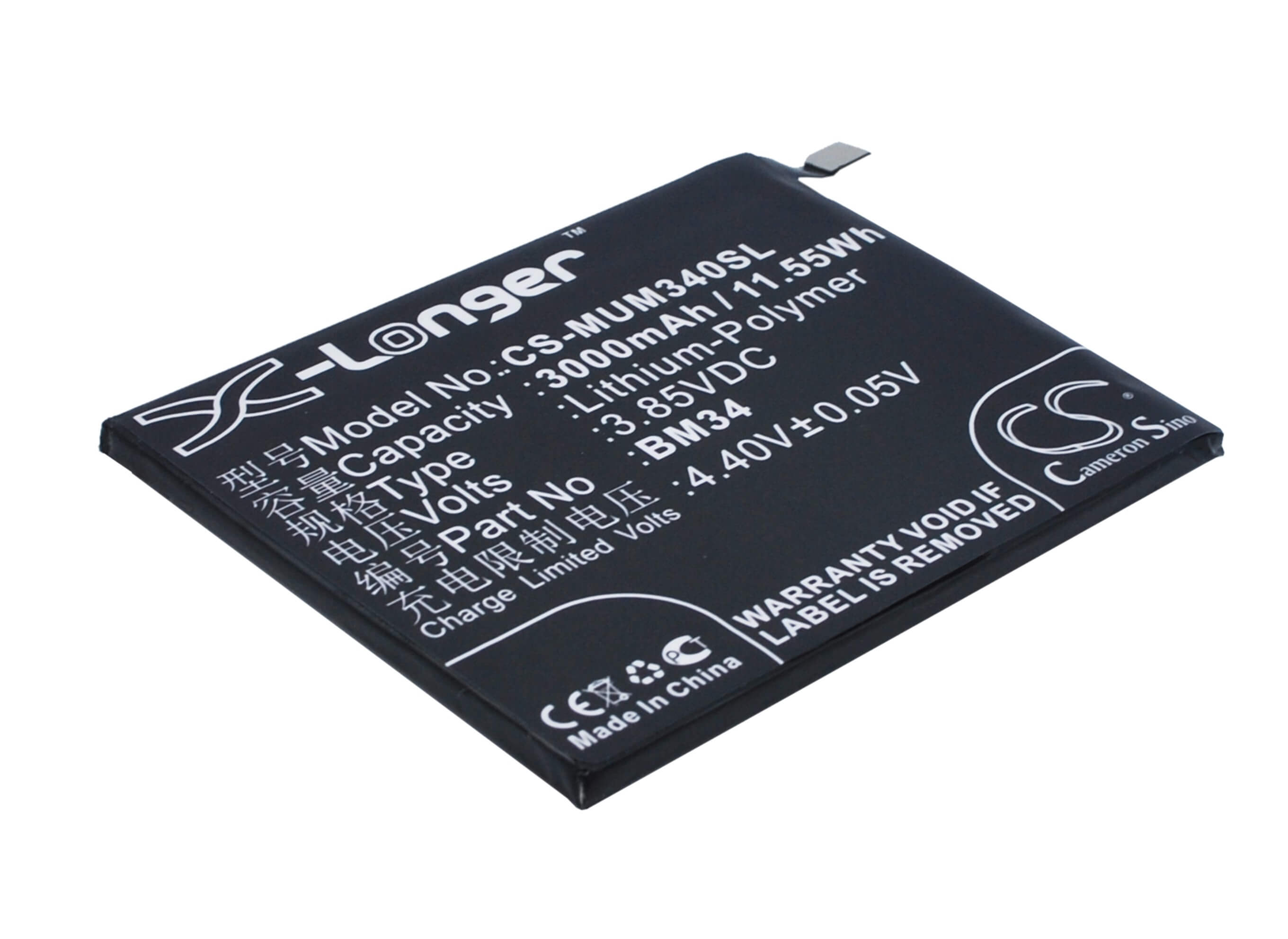 3.85V, 3000mAh, Li-Polymer Battery fits Xiaomi, Mi Note Pro, 11.55Wh