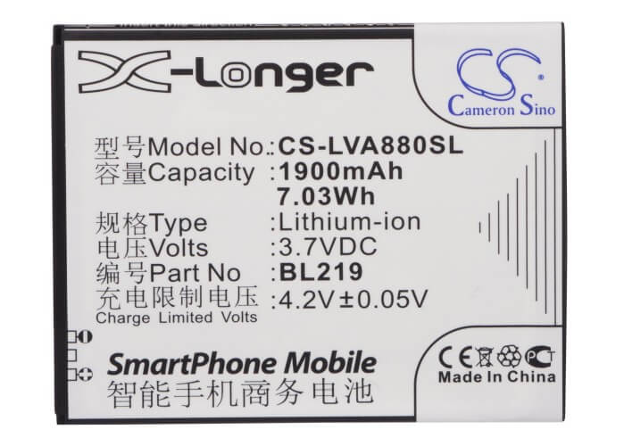 3.7V, 1900mAh, Li-ion Battery fits Lenovo, A388t, A880, 7.03Wh