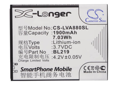 3.7V, 1900mAh, Li-ion Battery fits Lenovo, A388t, A880, 7.03Wh