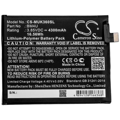 3.85V, 4300mAh, Li-Polymer Battery fits Redmi, K30 Ultra 5g, M2006j10c, 16.555Wh