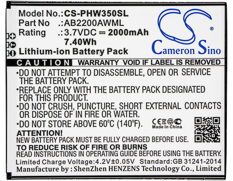 3.7V, 2000mAh, Li-ion Battery fits Philips, W3500, W3509, 7.4Wh