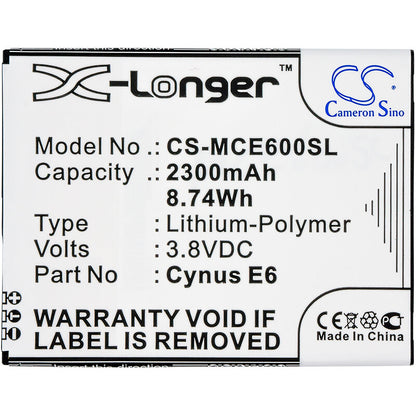 3.8V, 2300mAh, Li-Polymer Battery fits Mobistel, Cynus E6, 8.74Wh