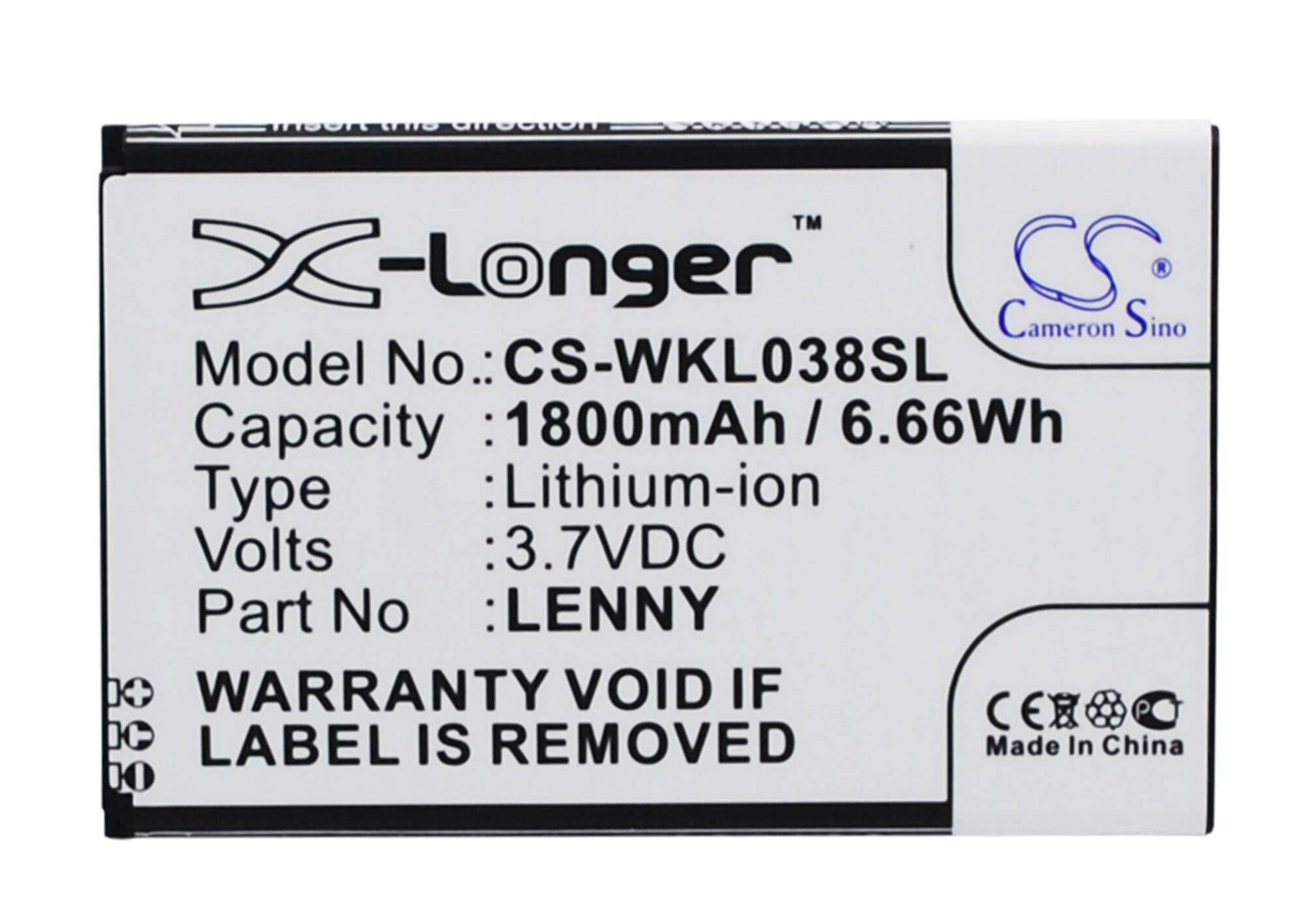 3.7V, 1800mAh, Li-ion Battery fits Wiko, B0386126, Lenny, 6.66Wh