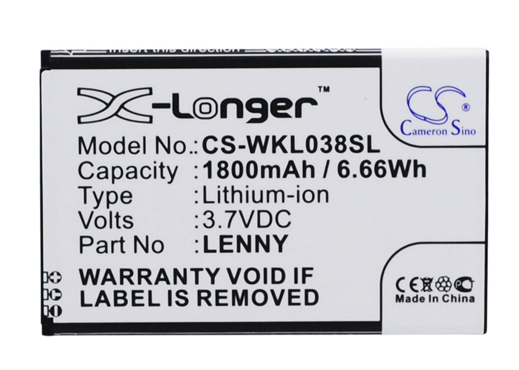3.7V, 1800mAh, Li-ion Battery fits Wiko, B0386126, Lenny, 6.66Wh