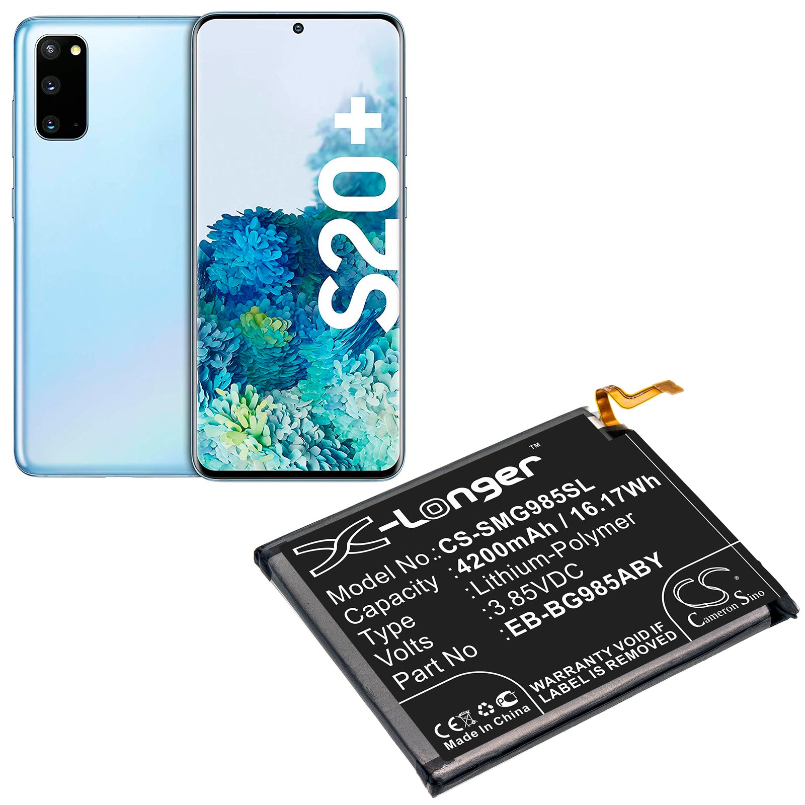 3.85V, 4200mAh, Li-Polymer Battery fits Samsung, Galaxy S20 Plus, Sc-52a, 16.17Wh