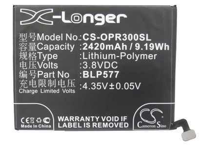 3.8V, 2420mAh, Li-Polymer Battery fits Oppo, A51, A51k, 9.196Wh