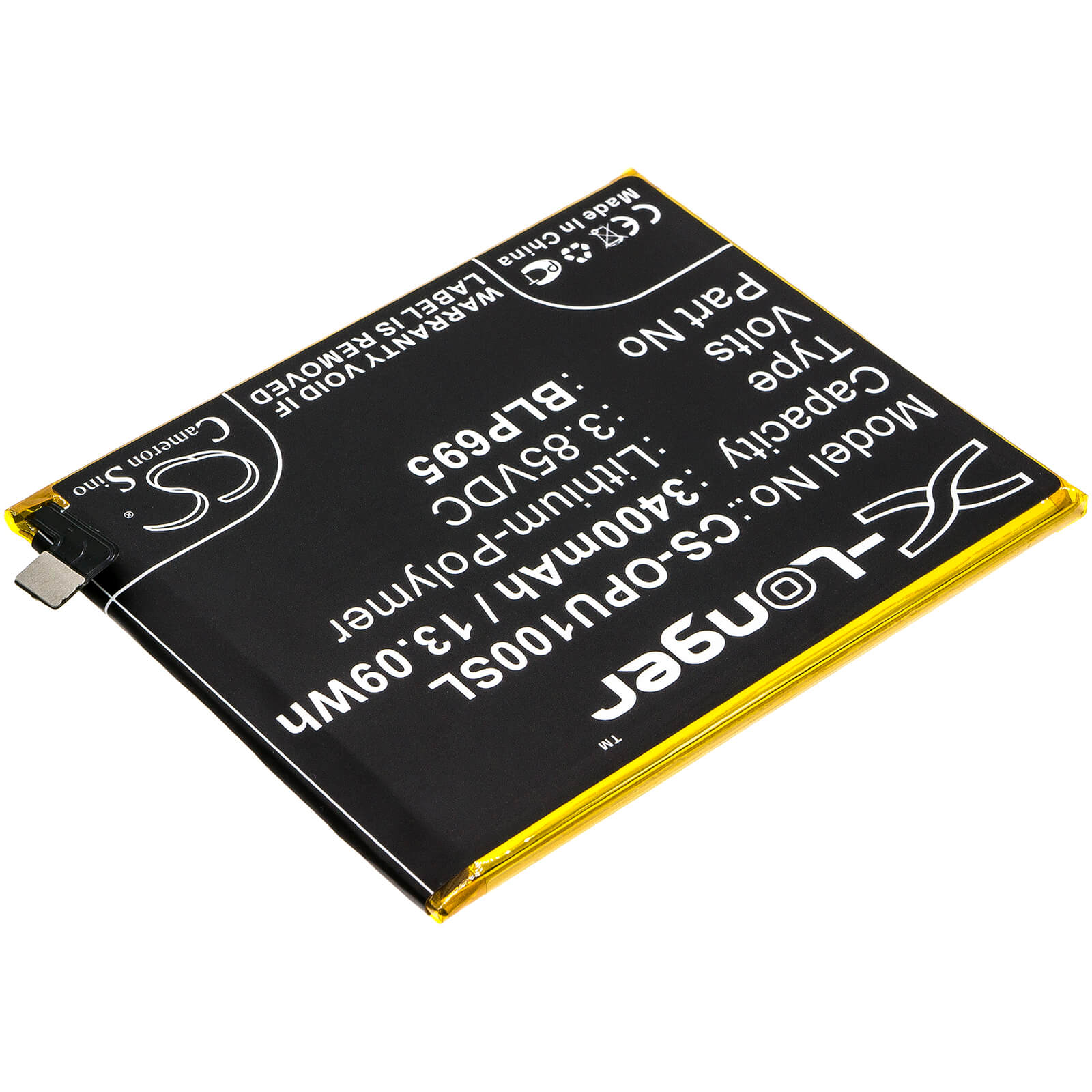 3.85V, 3400mAh, Li-Polymer Battery fits Oppo, R1833, Realme U1, 13.09Wh