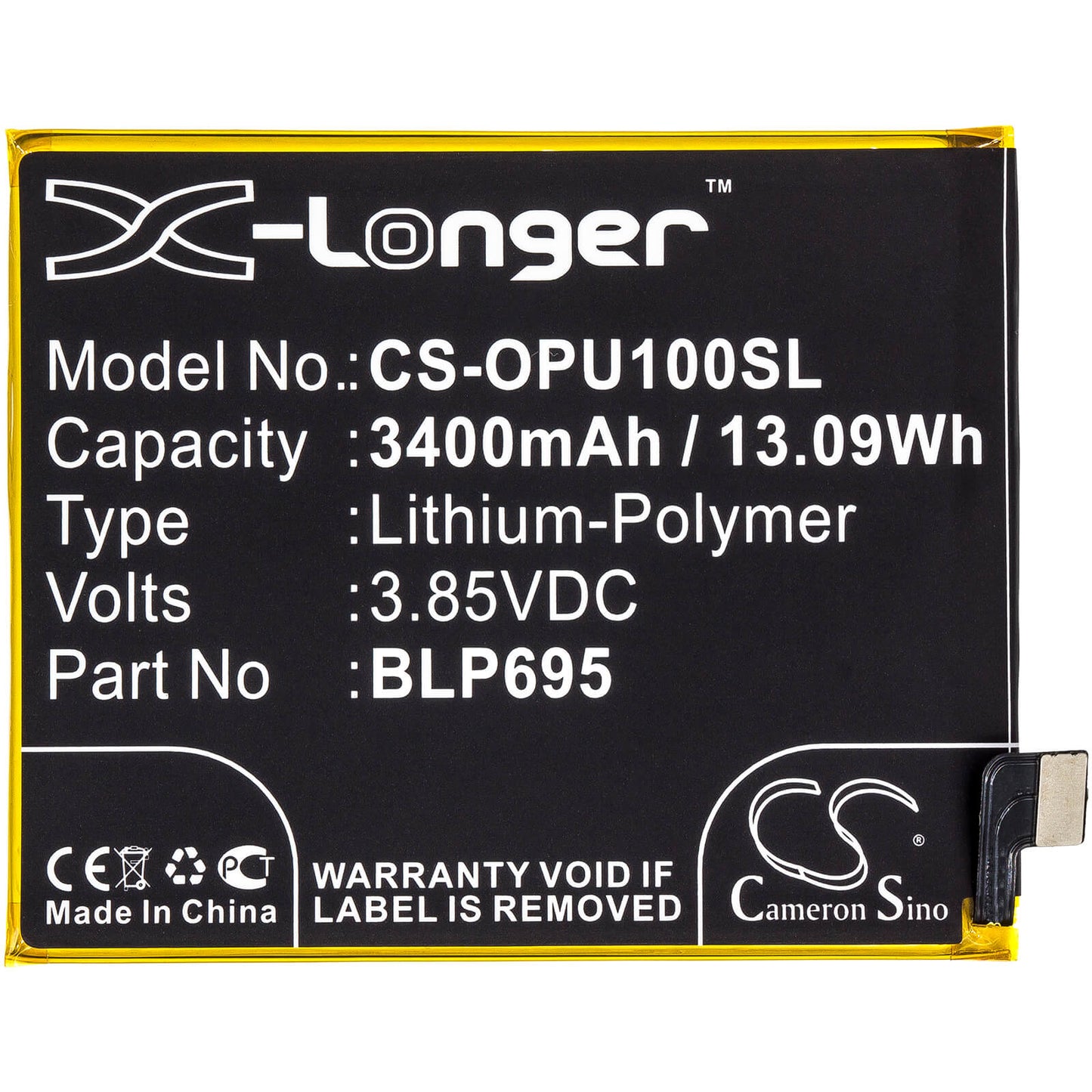 3.85V, 3400mAh, Li-Polymer Battery fits Oppo, R1833, Realme U1, 13.09Wh