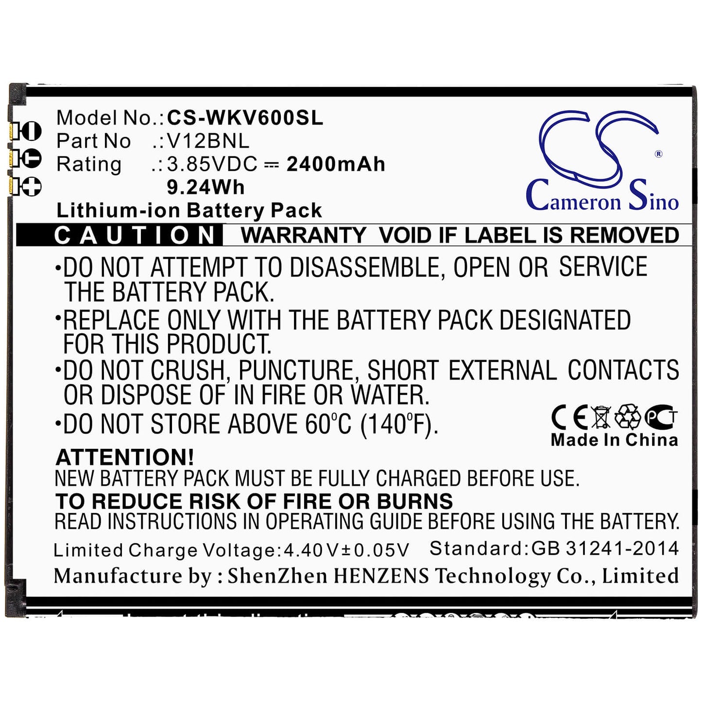 3.85V, 2400mAh, Li-ion Battery fits Wiko, Harry 2, View, 9.24Wh
