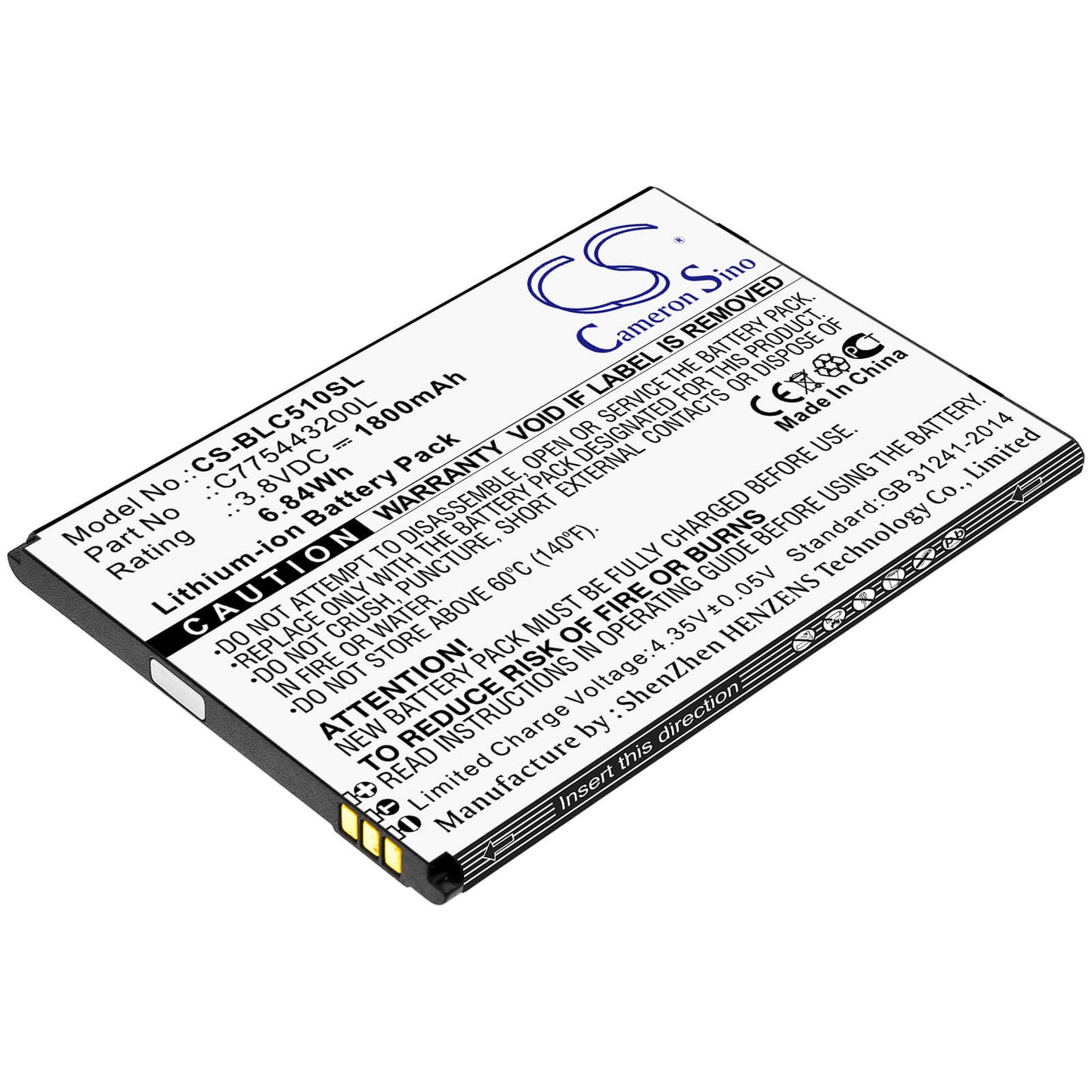 3.8V, 1800mAh, Li-ion Battery fits Blu, C050, C5l, 6.84Wh