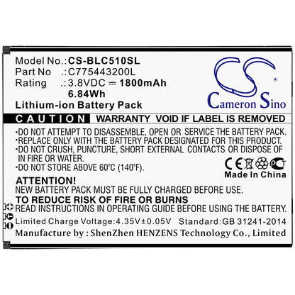 3.8V, 1800mAh, Li-ion Battery fits Blu, C050, C5l, 6.84Wh