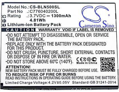 3.7V, 1300mAh, Li-ion Battery fits Blu, N010, N010l, 4.81Wh