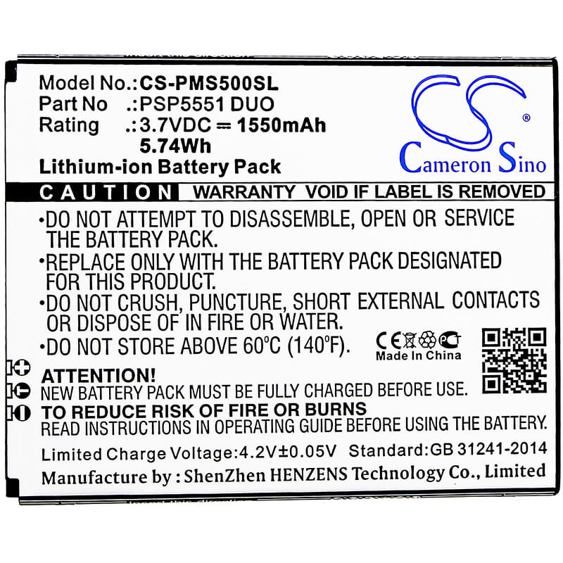 3.7V, 1550mAh, Li-ion Battery fits Prestigio, Grace S5, Psp5551 Duo, 5.735Wh