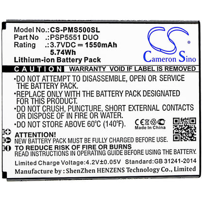 3.7V, 1550mAh, Li-ion Battery fits Prestigio, Grace S5, Psp5551 Duo, 5.735Wh