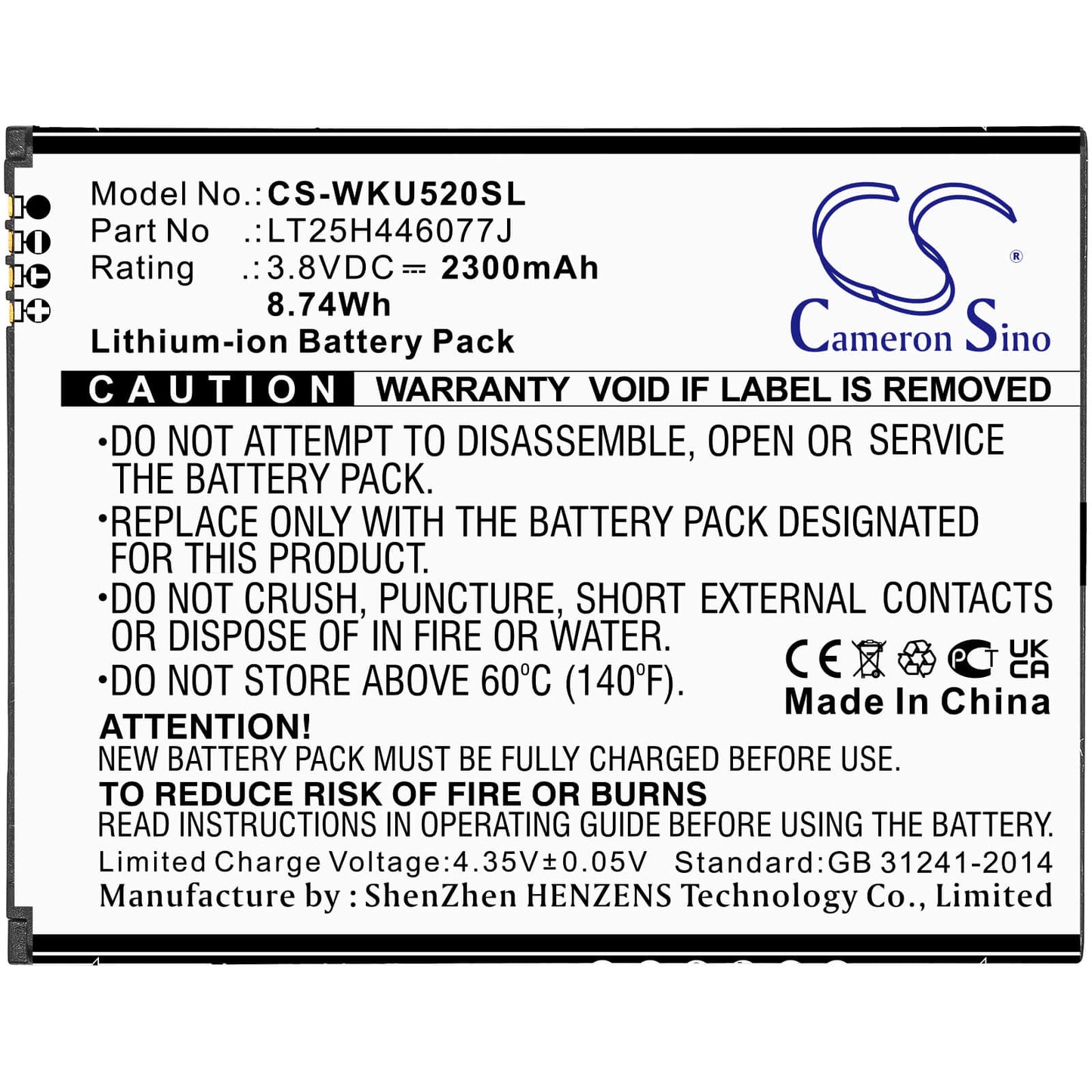 3.8V, 2300mAh, Li-ion Battery fits Wiko, Ride 2, U520as, 8.74Wh