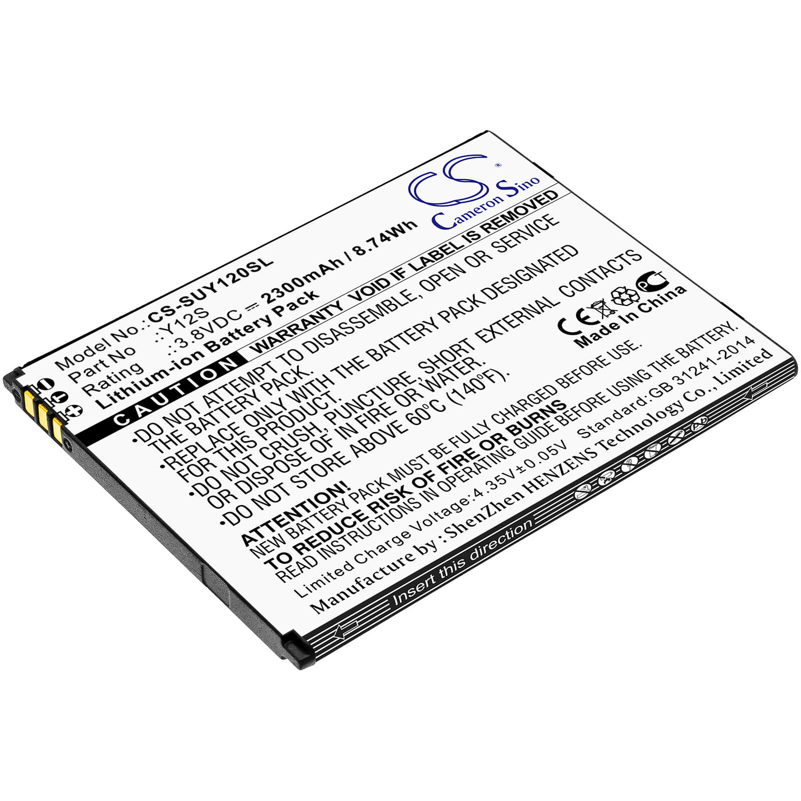 3.8V, 2300mAh, Li-ion Battery fits Sugar, Y12s, 8.74Wh