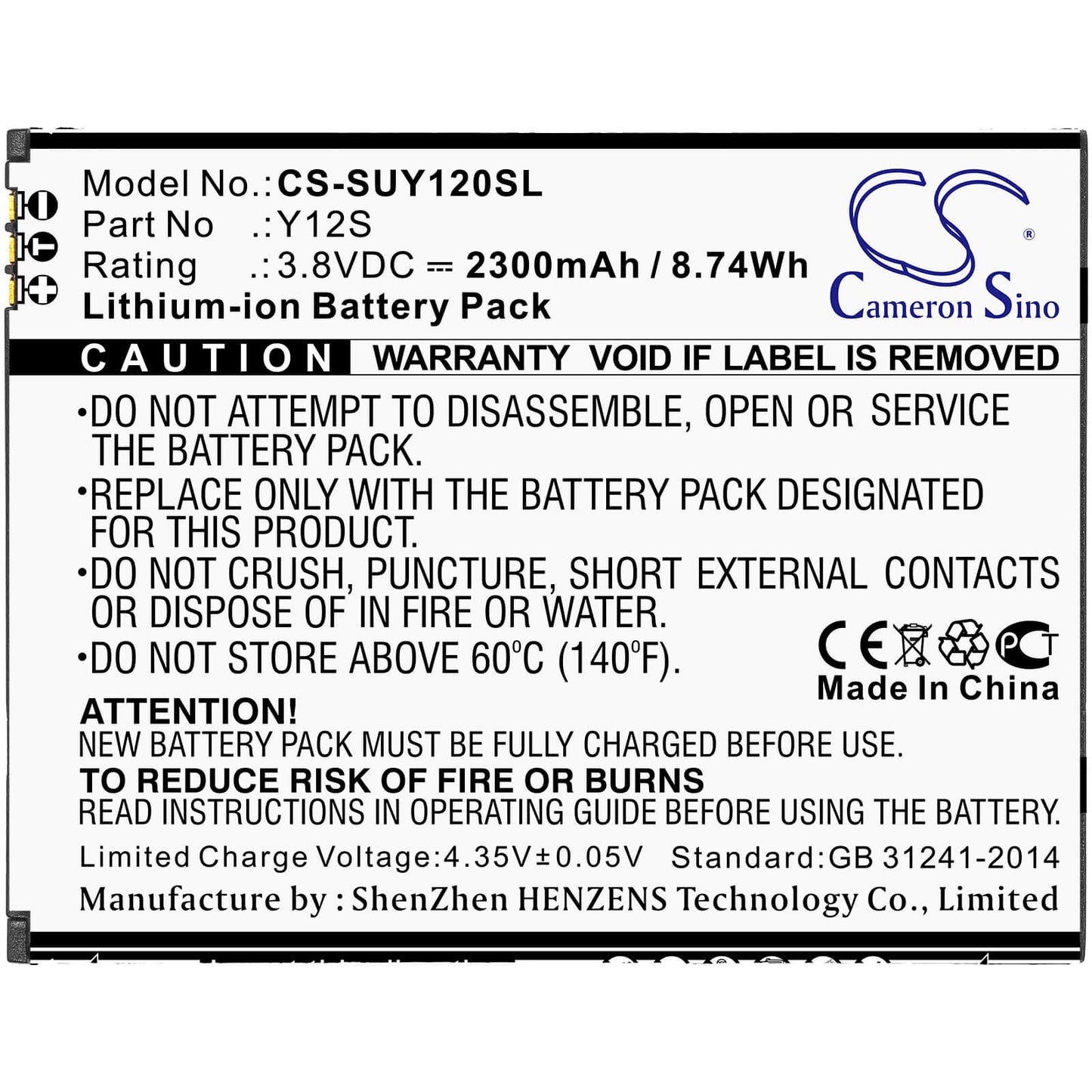 3.8V, 2300mAh, Li-ion Battery fits Sugar, Y12s, 8.74Wh
