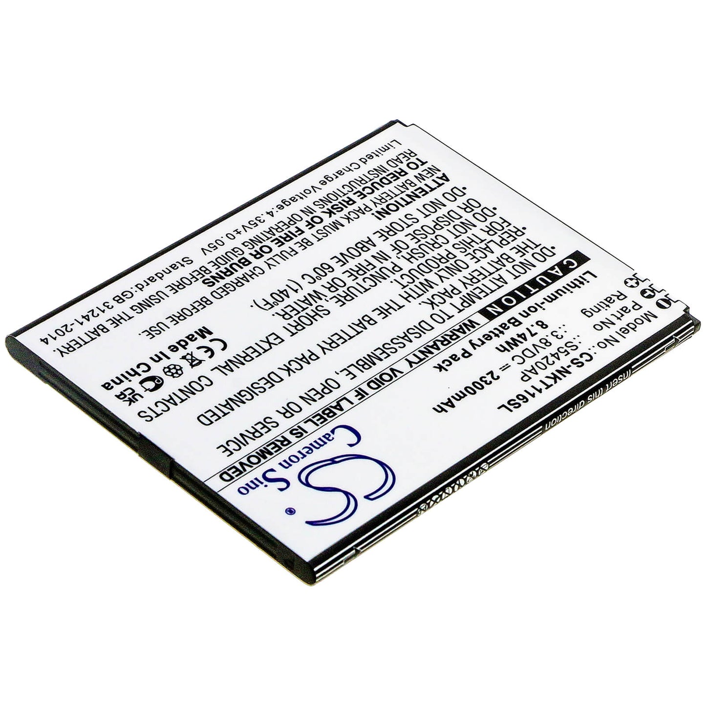 3.8V, 2300mAh, Li-ion Battery fits Nokia, C1 2019, Ta-1165, 8.74Wh