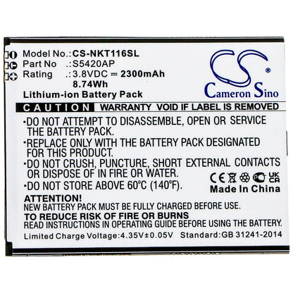 3.8V, 2300mAh, Li-ion Battery fits Nokia, C1 2019, Ta-1165, 8.74Wh