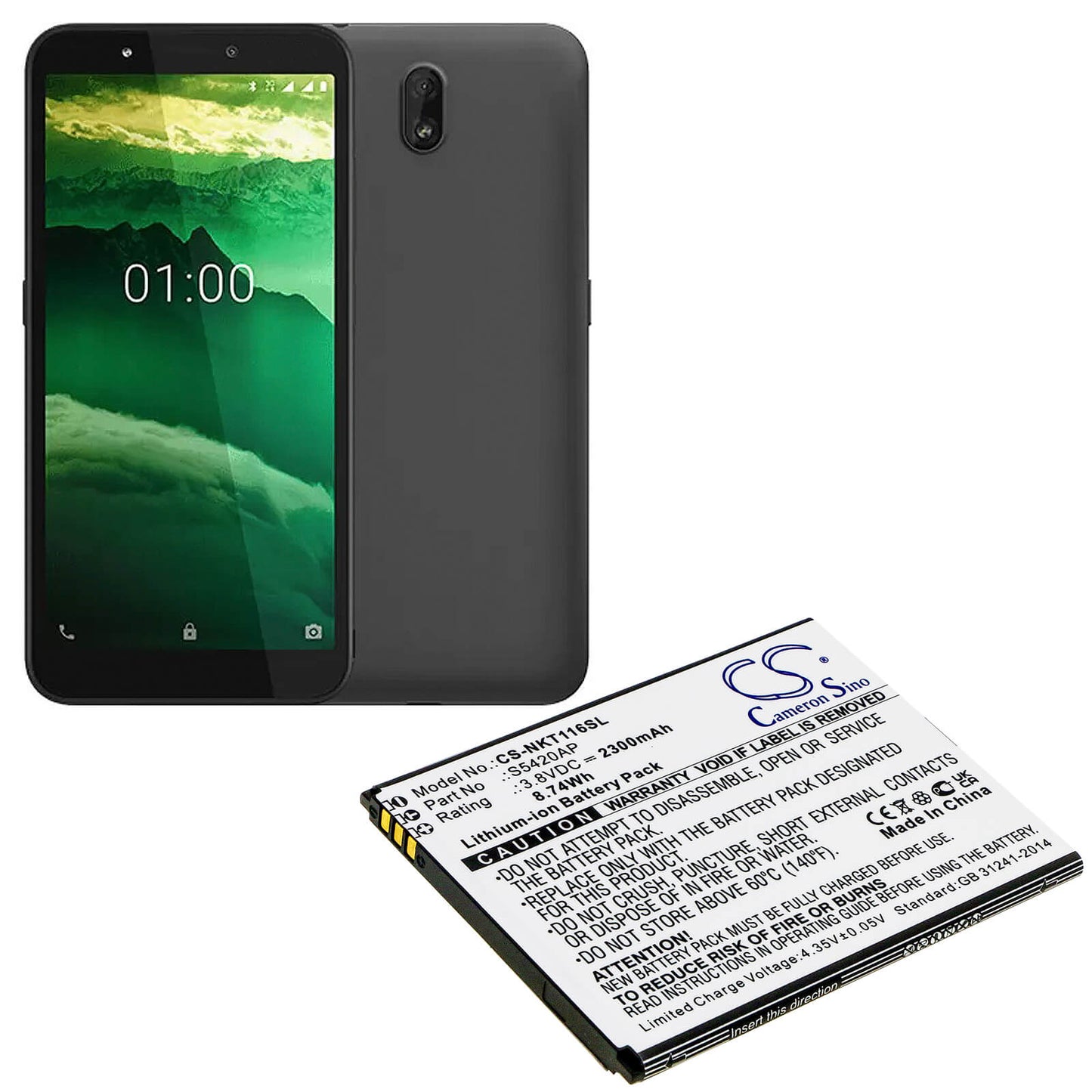 3.8V, 2300mAh, Li-ion Battery fits Nokia, C1 2019, Ta-1165, 8.74Wh
