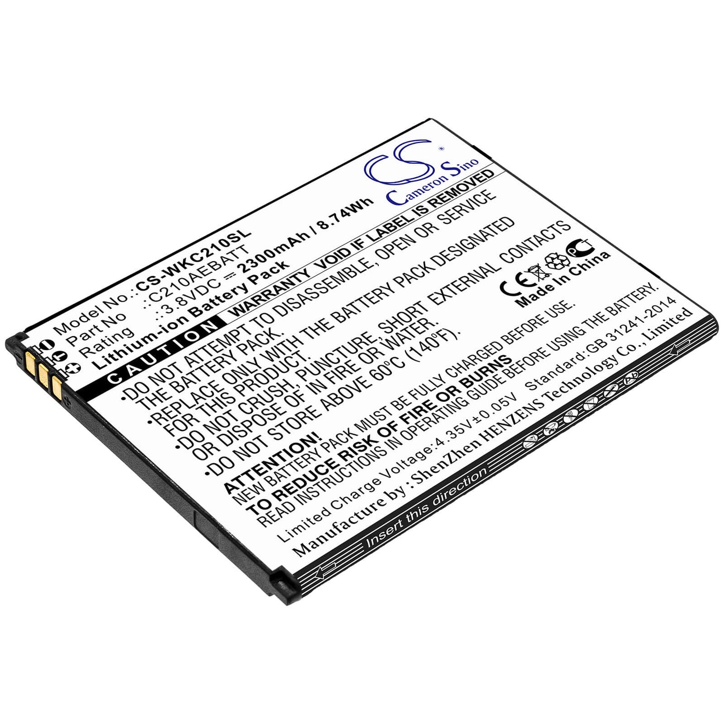3.8V, 2300mAh, Li-ion Battery fits Wiko, C210, Life, 8.74Wh