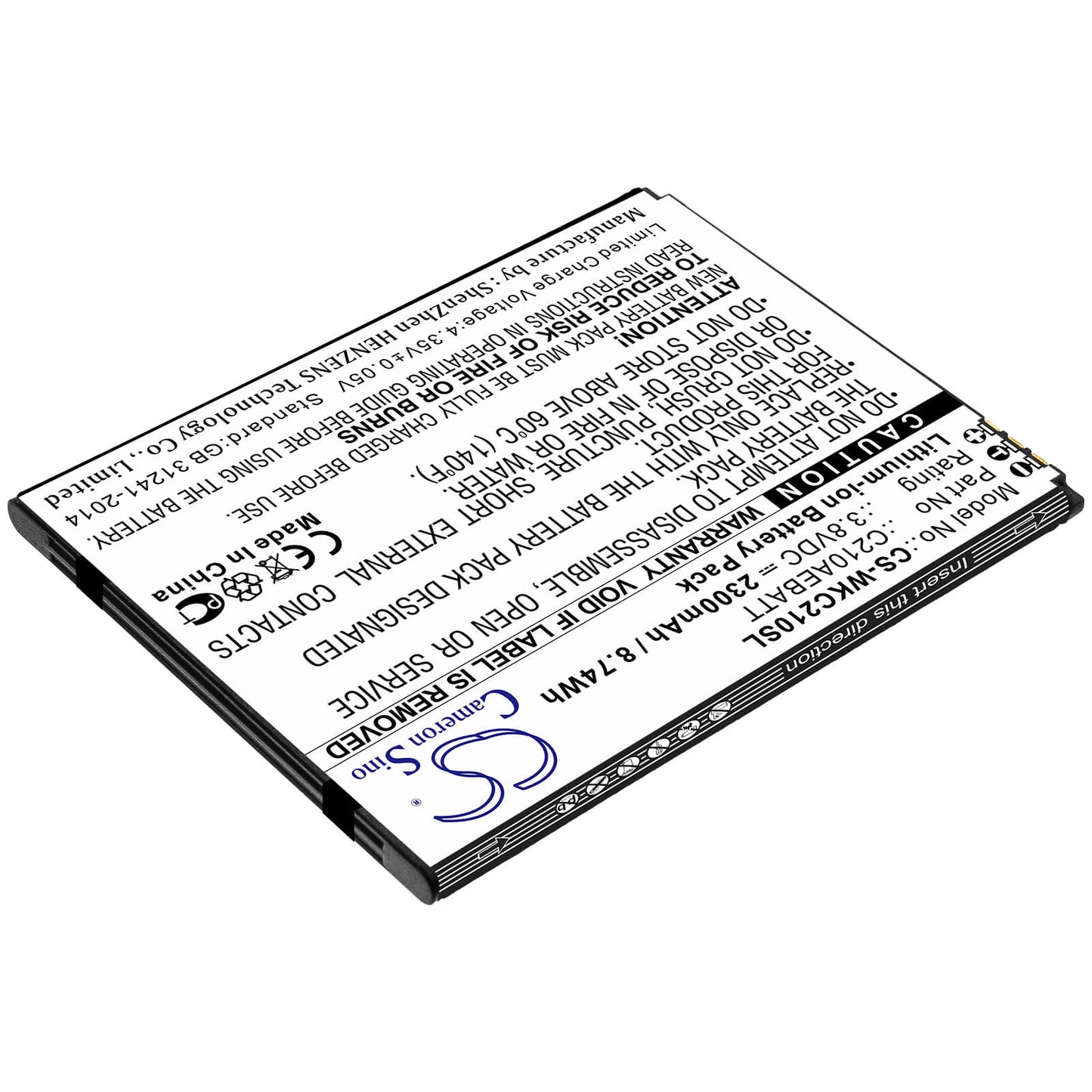 3.8V, 2300mAh, Li-ion Battery fits Wiko, C210, Life, 8.74Wh