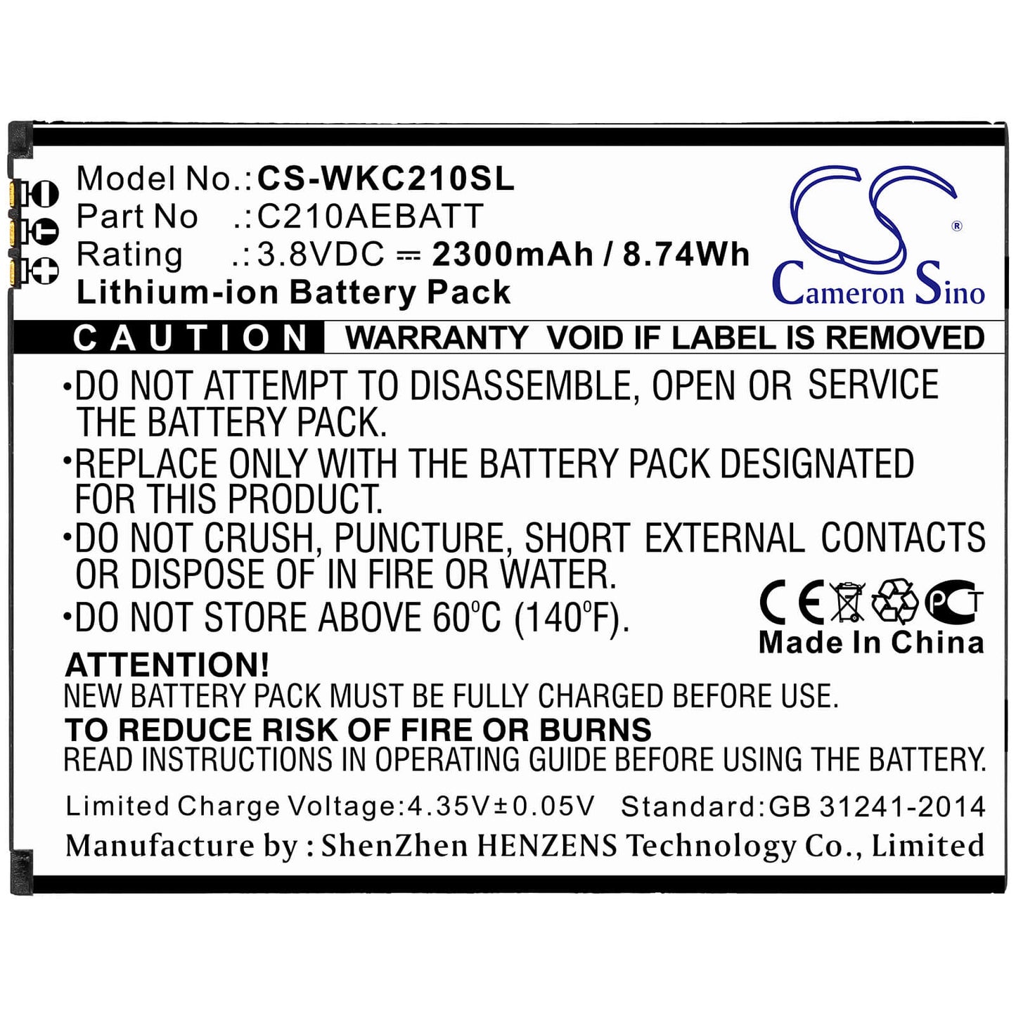 3.8V, 2300mAh, Li-ion Battery fits Wiko, C210, Life, 8.74Wh