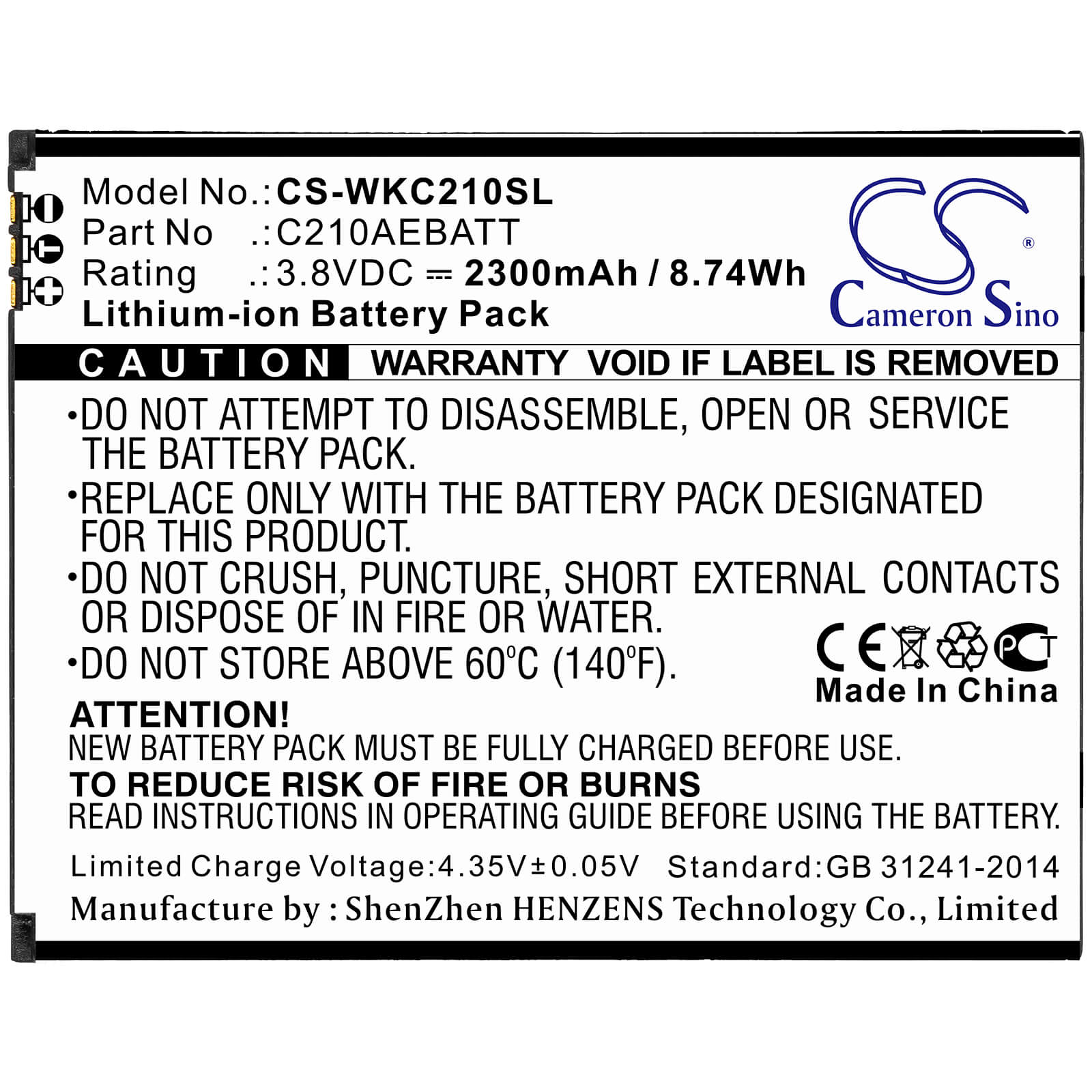 3.8V, 2300mAh, Li-ion Battery fits Wiko, C210, Life, 8.74Wh