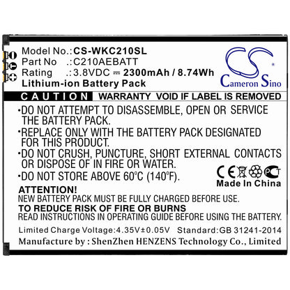 3.8V, 2300mAh, Li-ion Battery fits Wiko, C210, Life, 8.74Wh