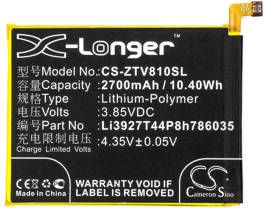 3.85V, 2700mAh, Li-Polymer Battery fits Zte, Blade V8, Bv0800, 10.395Wh