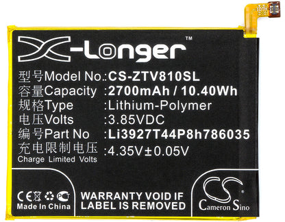 3.85V, 2700mAh, Li-Polymer Battery fits Zte, Blade V8, Bv0800, 10.395Wh