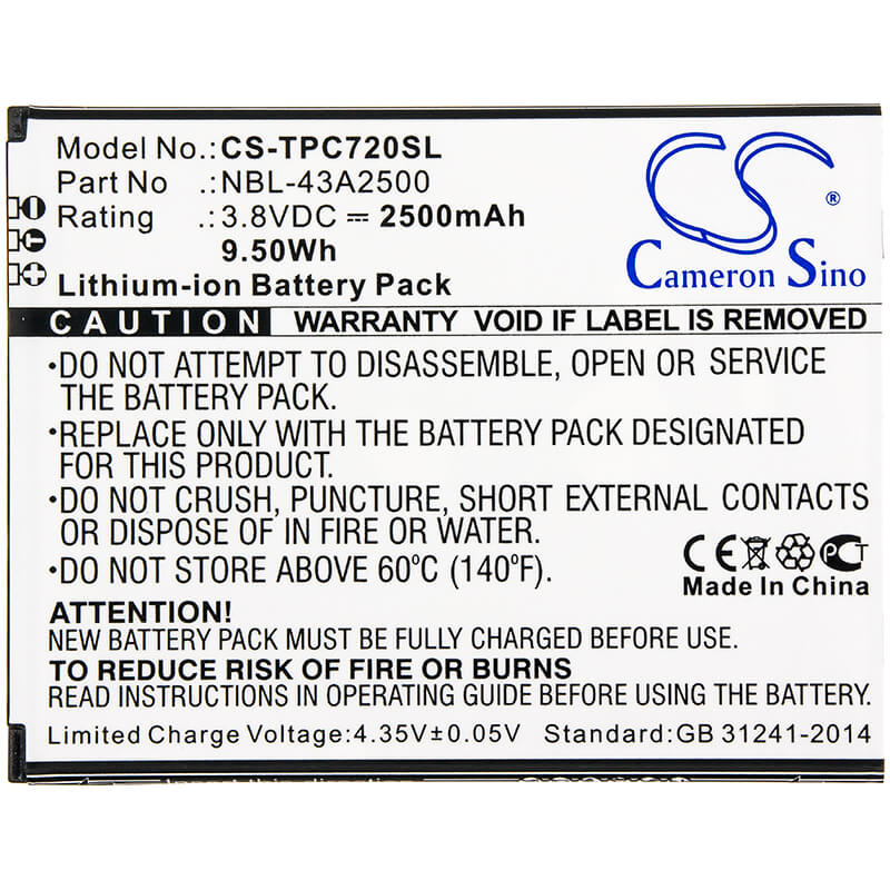 3.8V, 2500mAh, Li-ion Battery fits Neffos, C7s, Tp7051a, 9.5Wh