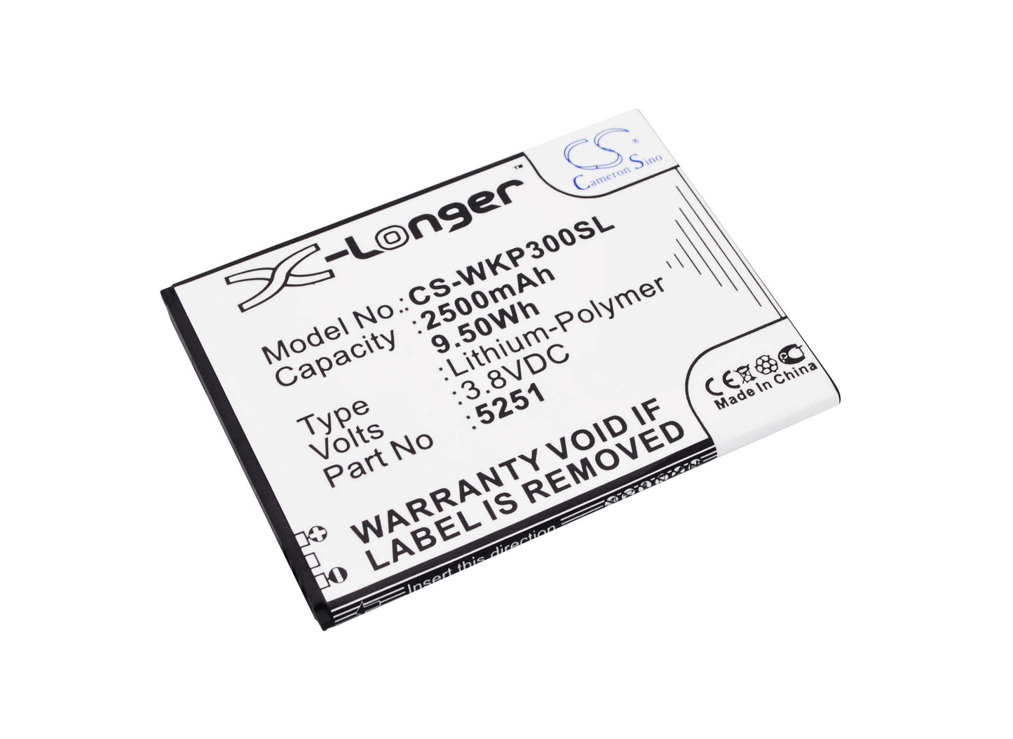 3.8V, 2500mAh, Li-Polymer Battery fits Wiko, Pulp 3g, Pulp 4g, 9.5Wh