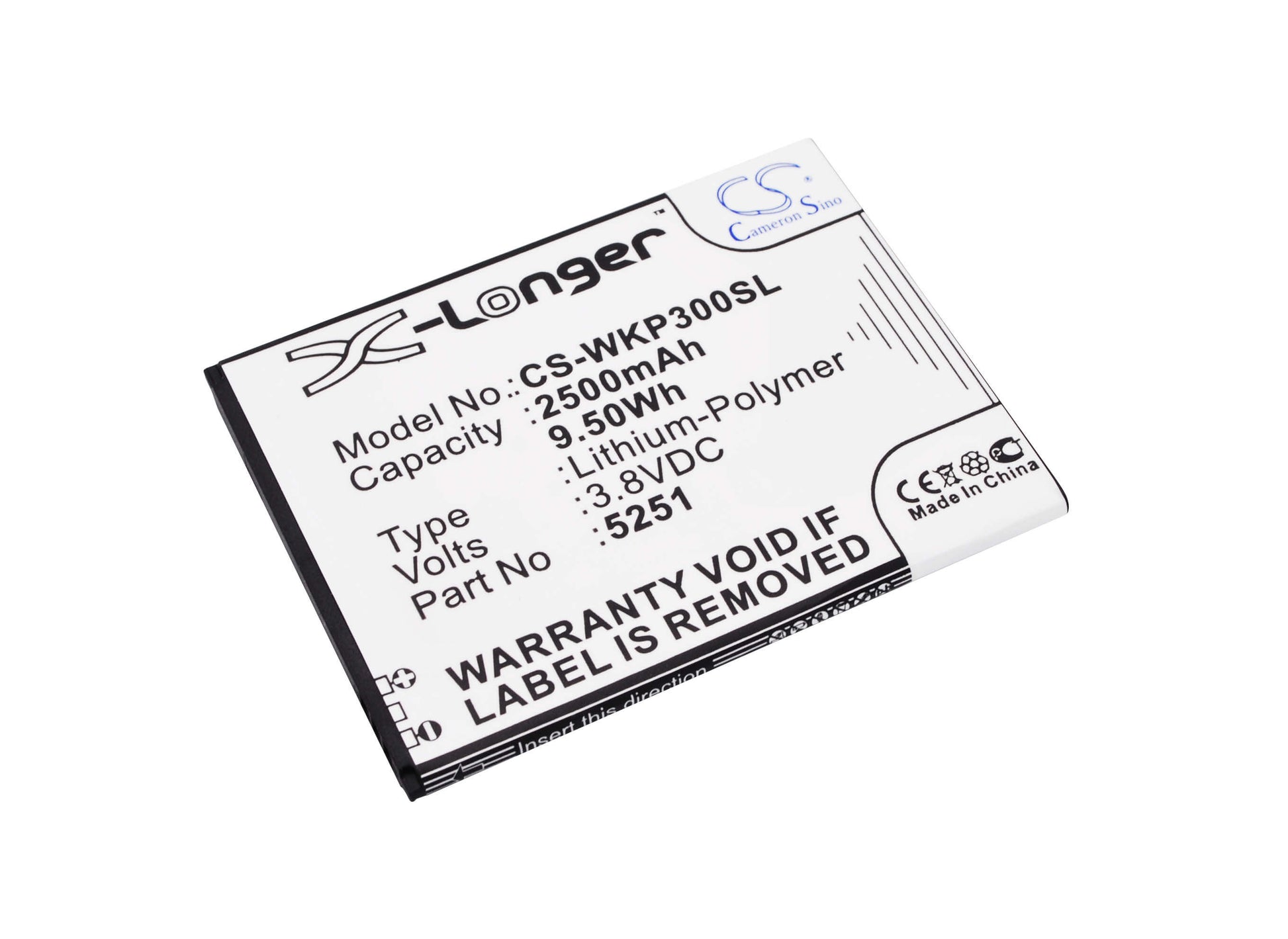 3.8V, 2500mAh, Li-Polymer Battery fits Wiko, Pulp 3g, Pulp 4g, 9.5Wh