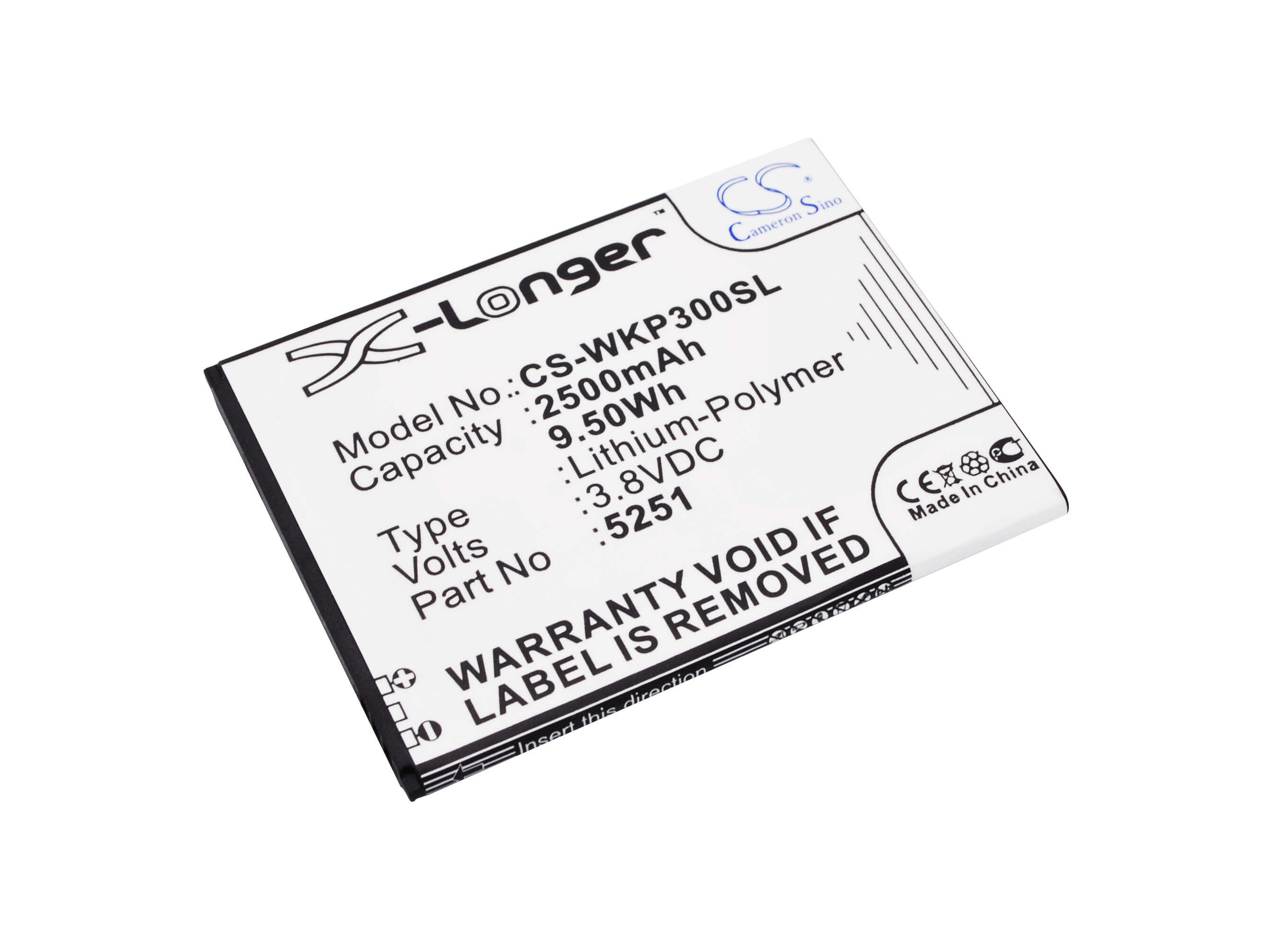 3.8V, 2500mAh, Li-Polymer Battery fits Wiko, Pulp 3g, Pulp 4g, 9.5Wh