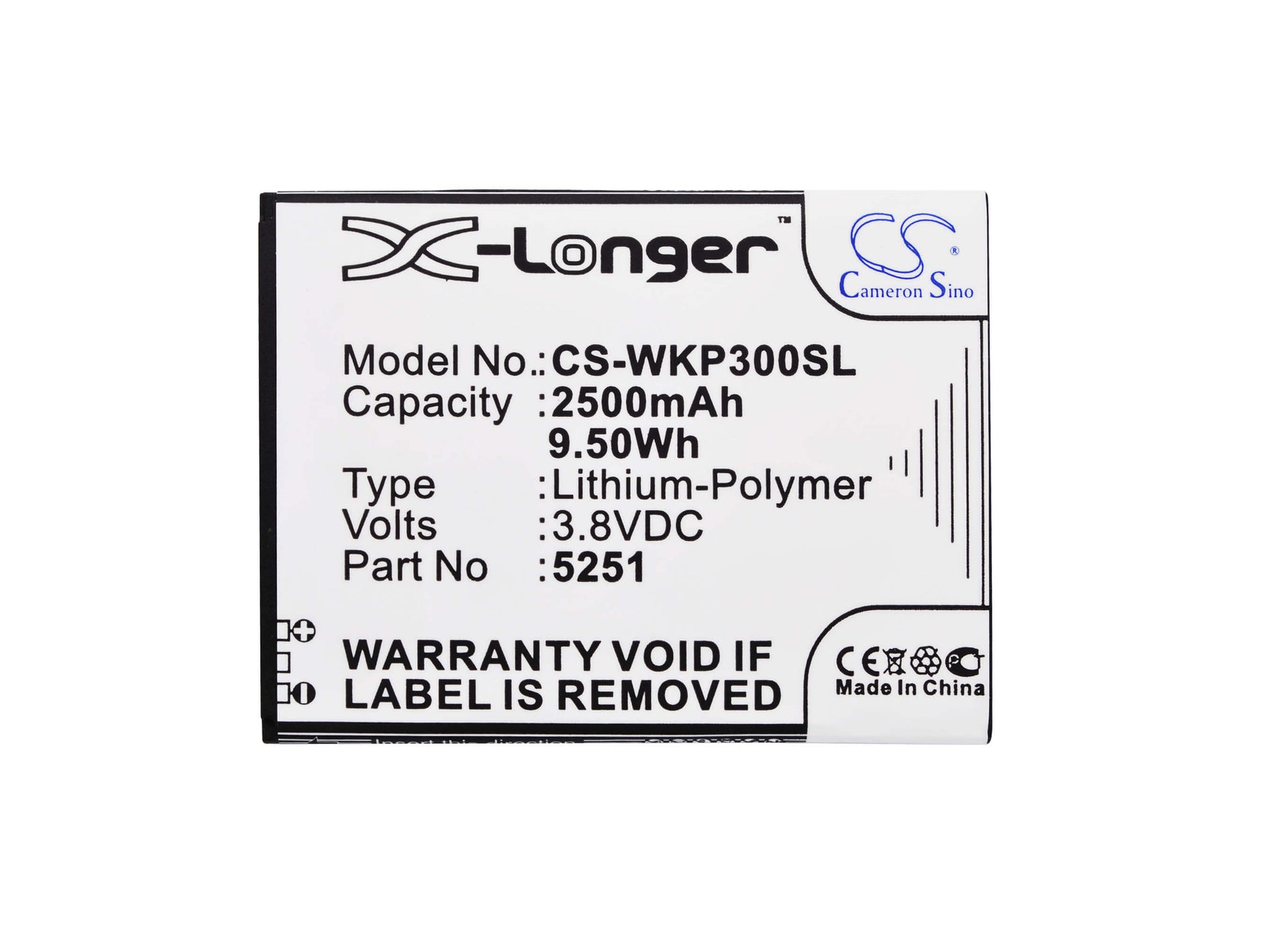 3.8V, 2500mAh, Li-Polymer Battery fits Wiko, Pulp 3g, Pulp 4g, 9.5Wh