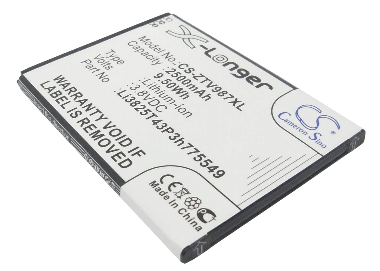 3.8V, 2500mAh, Li-ion Battery fits Zte, Grand X Quad, Grand X Quad V987, 9.5Wh