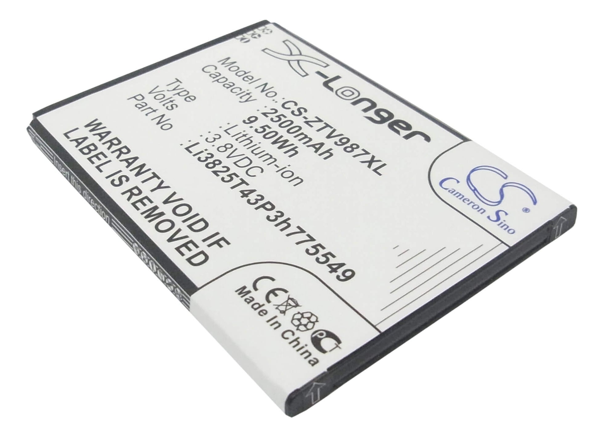 3.8V, 2500mAh, Li-ion Battery fits Zte, Grand X Quad, Grand X Quad V987, 9.5Wh