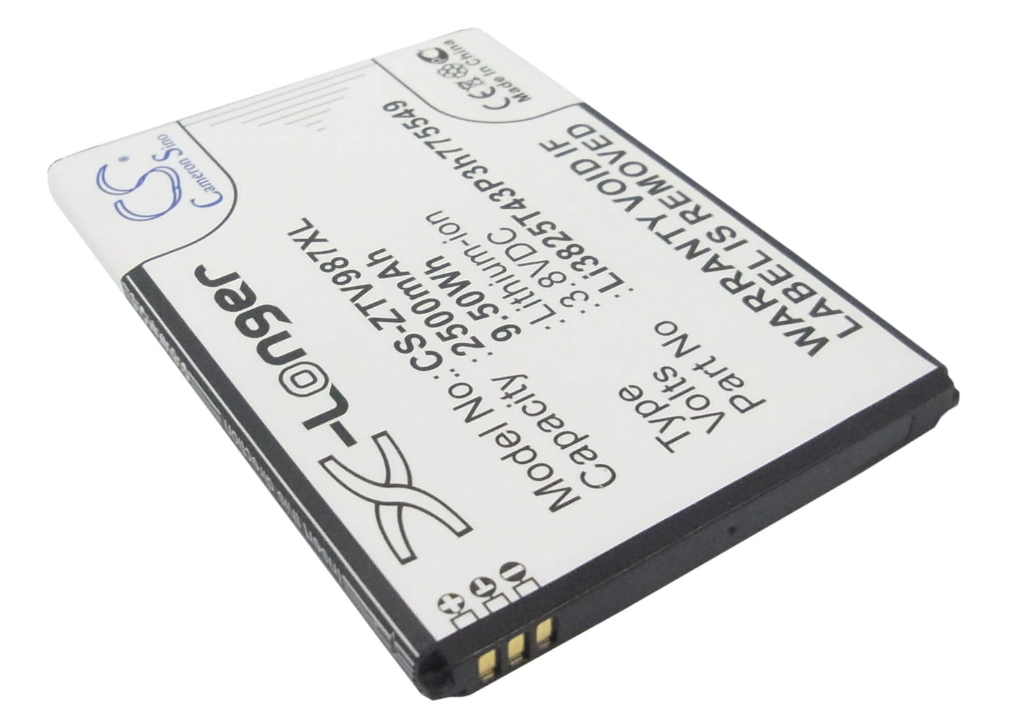 3.8V, 2500mAh, Li-ion Battery fits Zte, Grand X Quad, Grand X Quad V987, 9.5Wh