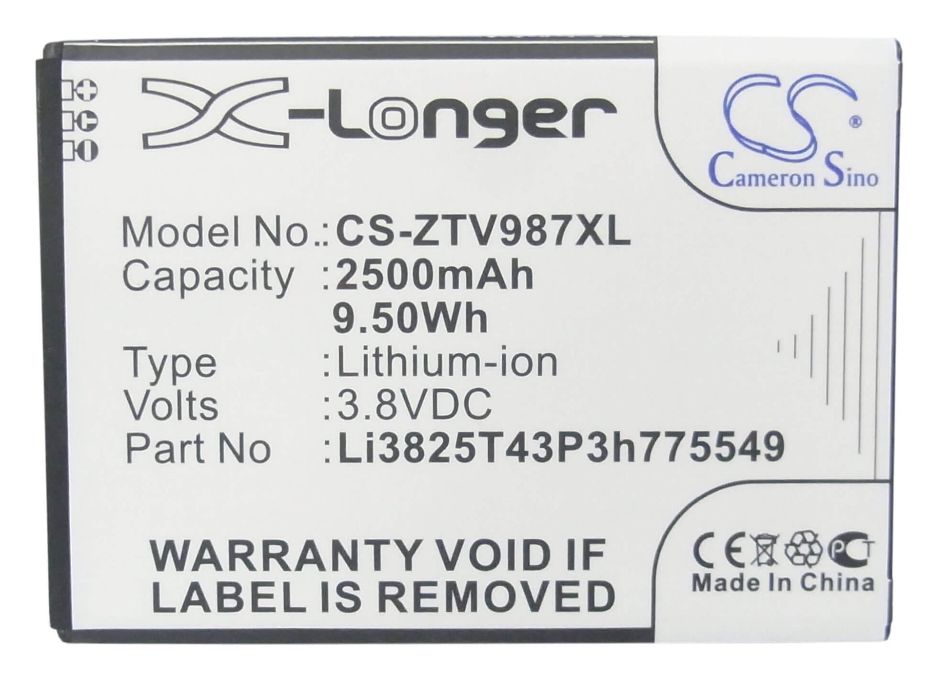 3.8V, 2500mAh, Li-ion Battery fits Zte, Grand X Quad, Grand X Quad V987, 9.5Wh