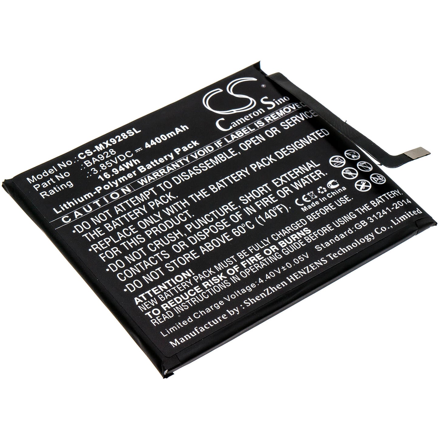 3.85V, 4400mAh, Li-Polymer Battery fits Meizu, 16t, M1928, 16.94Wh