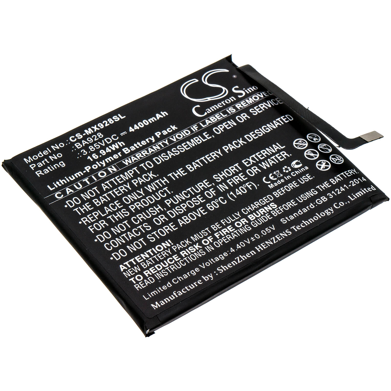3.85V, 4400mAh, Li-Polymer Battery fits Meizu, 16t, M1928, 16.94Wh