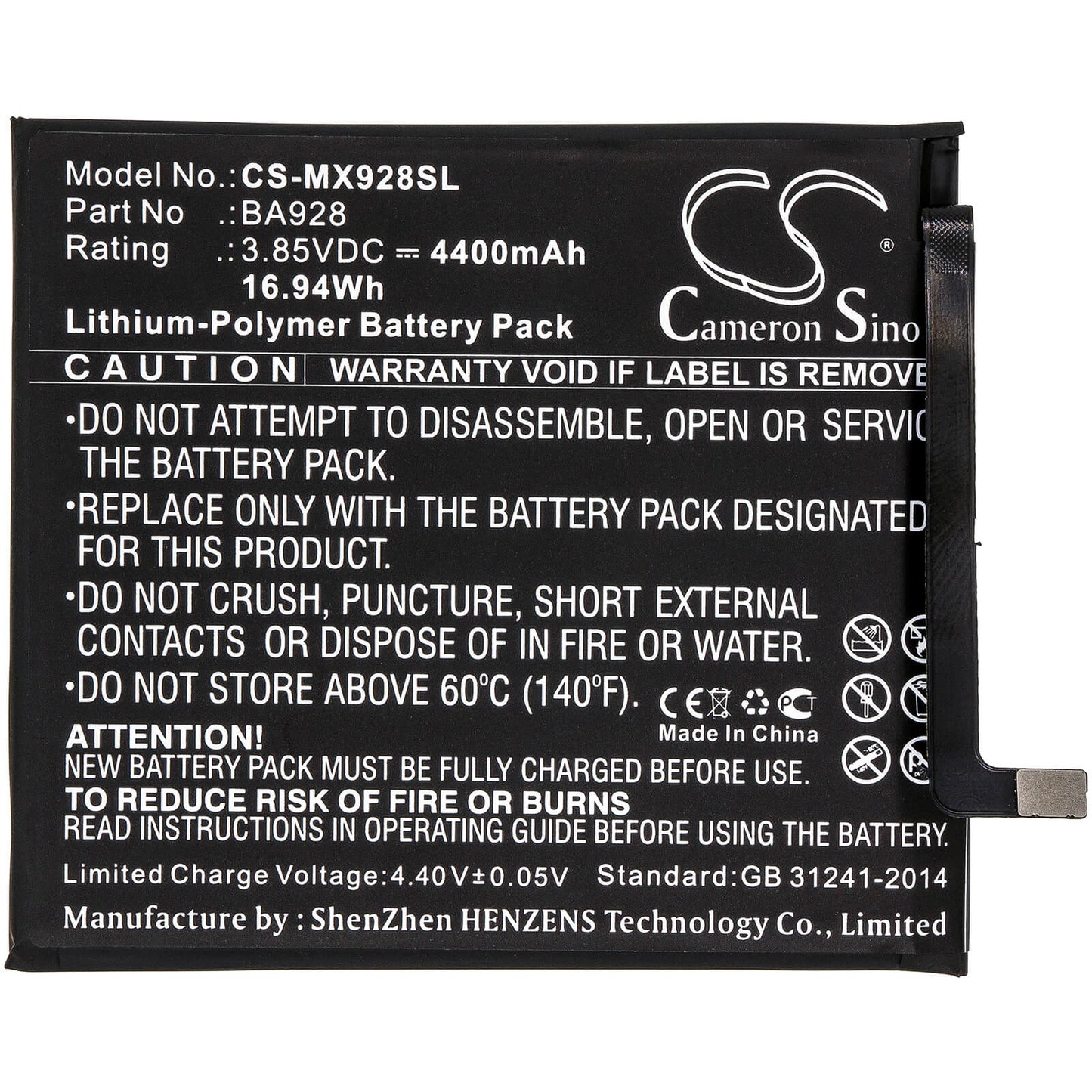 3.85V, 4400mAh, Li-Polymer Battery fits Meizu, 16t, M1928, 16.94Wh