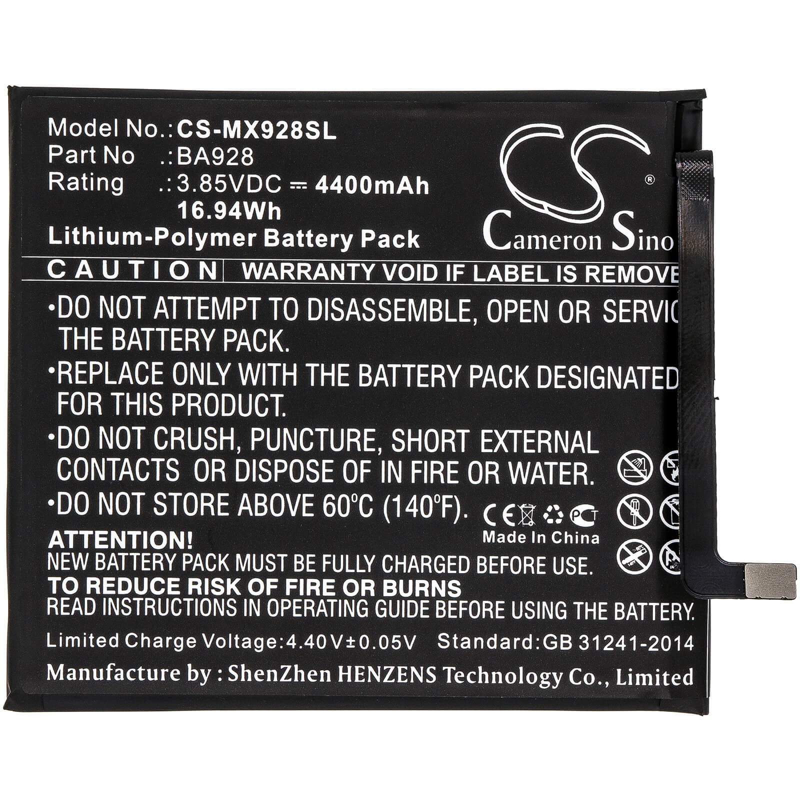 3.85V, 4400mAh, Li-Polymer Battery fits Meizu, 16t, M1928, 16.94Wh