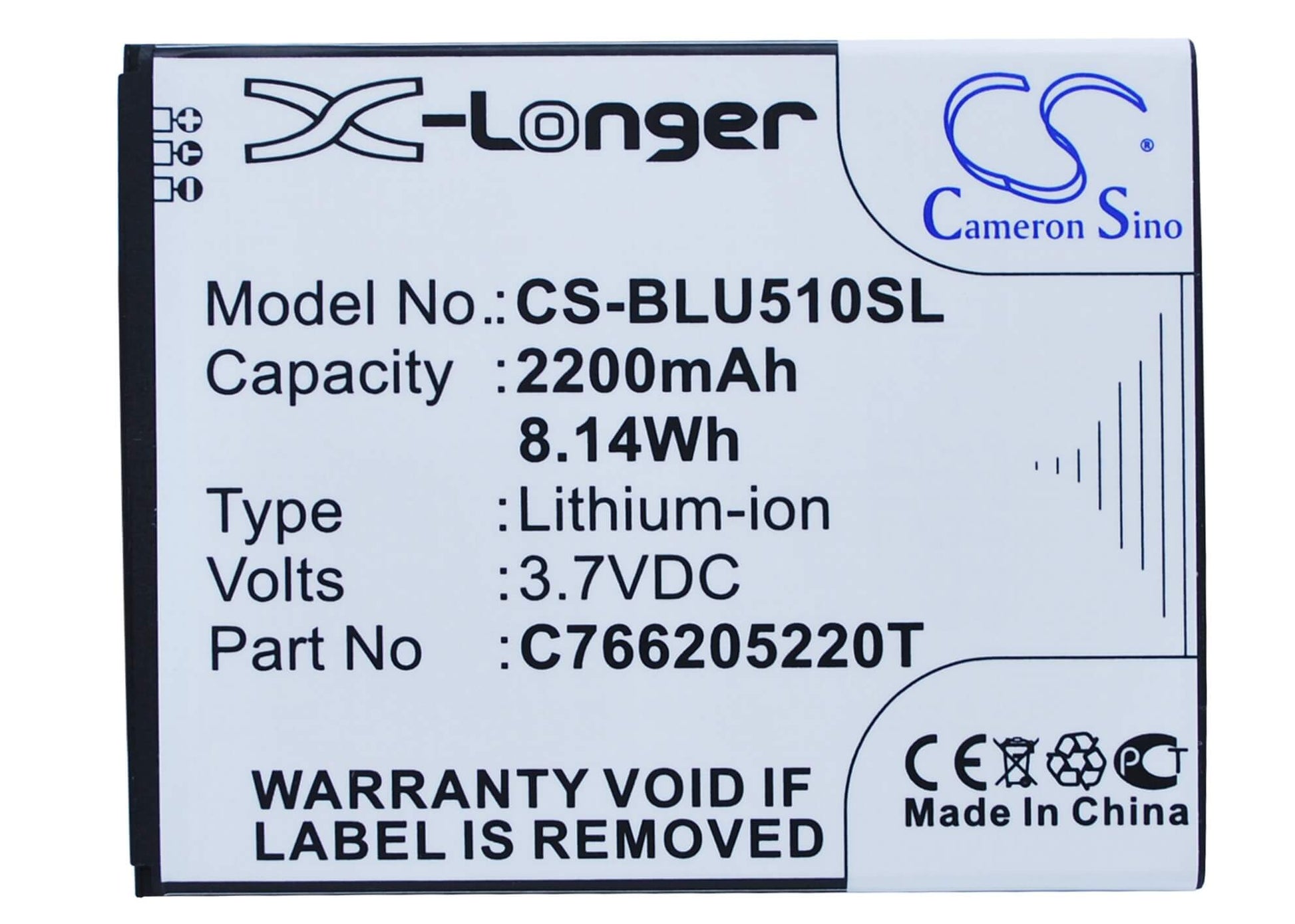 3.7V, 2200mAh, Li-ion Battery fits Blu, D550, D550a, 8.14Wh