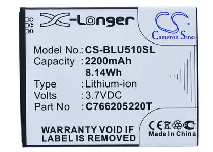 3.7V, 2200mAh, Li-ion Battery fits Blu, D550, D550a, 8.14Wh