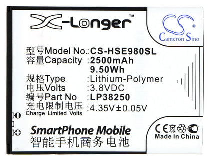 3.8V, 2500mAh, Li-Polymer Battery fits Hisense, Eg980, Mira Ii, 9.5Wh