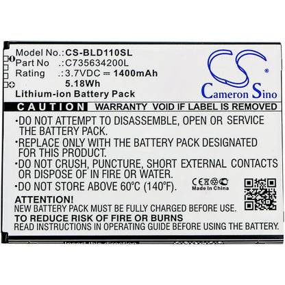 3.7V, 1400mAh, Li-ion Battery fits Blu, S110, S110l, 5.18Wh