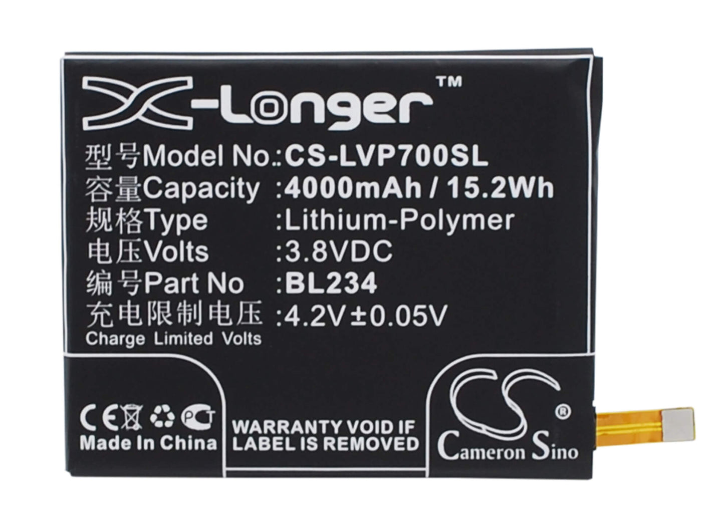 3.8V, 4000mAh, Li-Polymer Battery fits Lenovo, A5000 Dual, P70t, 15.2Wh