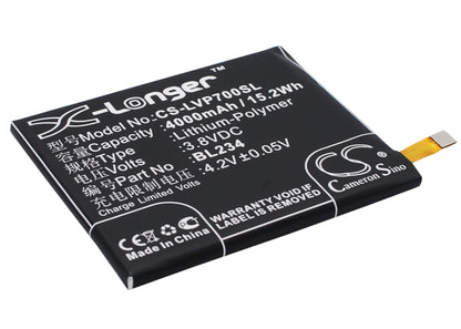 3.8V, 4000mAh, Li-Polymer Battery fits Lenovo, A5000 Dual, P70t, 15.2Wh